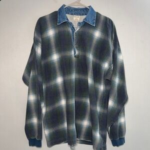Vintage 90s Structure Rugby Polo Shirt Mens L Denim Collar Plaid Green USA Made